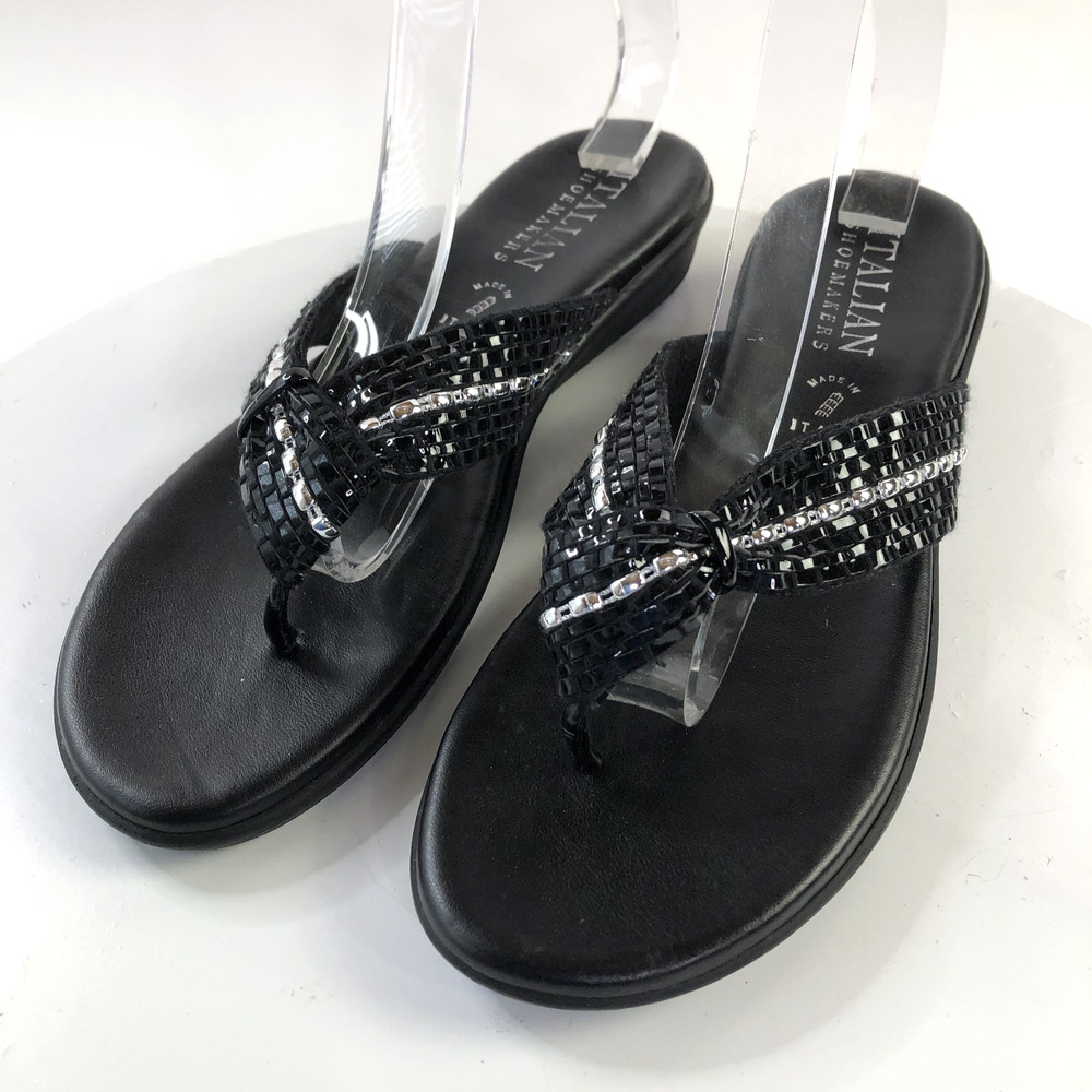 Italian Shoemakers Women's US 10 Wedge Thong Sandal Sequin Beaded Black